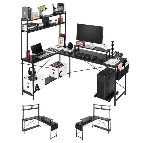 

VEVOR Bureau Gaming Angle 170 cm Bureau en L Réversible Table d'Ordinateur PC pour Bureaux à Domicile, Grand Espace de Travail avec Support pour Écran et Support pour Unité Centrale Amovible, Moderne