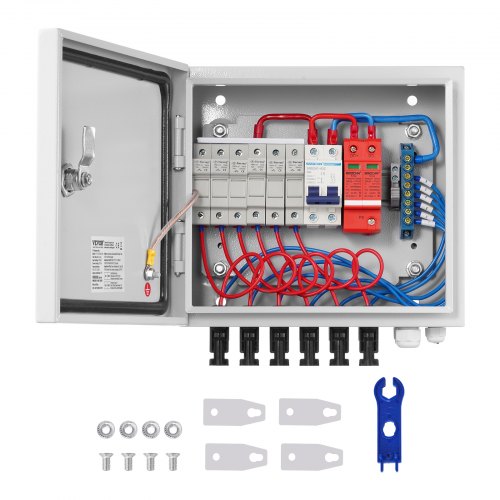 

VEVOR Boîte de combinaison PV, 6 chaînes, boîte de combinaison solaire avec fusible de courant nominal 15 A, disjoncteur 125 A parafoudre, en acier pour système de panneaux solaires marche/arrêt, IP65