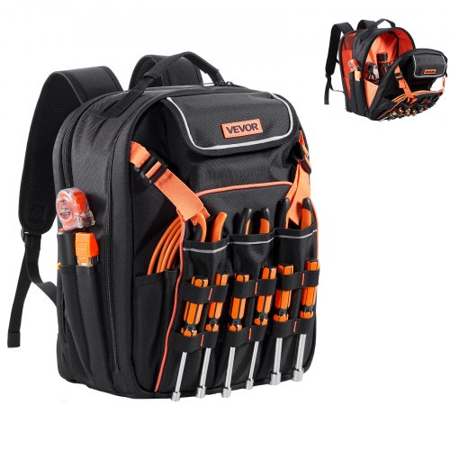 

VEVOR Sac à Dos à Outils, Charge 22,7 kg, Sac à Outils, 33x22x44 cm, avec 45 Poches, Compartiment Ordinateur Portable, Base Stable, Organisateur à Outil Robuste pour Chantier, Électricien, Réparateur