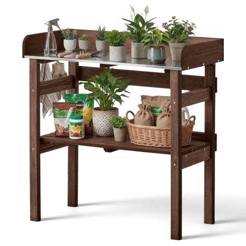 

VEVOR Table de Rempotage à 2 Niveaux Table de Jardinage 78x38x82 cm pour Plantation d'Extérieur sur Terrasse Jardin sur Balcon, avec Étagères de Rangement, Plan de Travail en Métal Galvanisé, Marron
