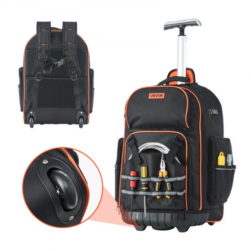 

VEVOR Sac à Dos à Roulettes, Charge 50 kg, Sac à Outils, 45 x 27,5 x 56 cm, avec 72 Poches, Poignée Télescopique, Base Stable, Organisateur à Outils Robuste, pour Électriciens, Plombiers, Mécaniciens