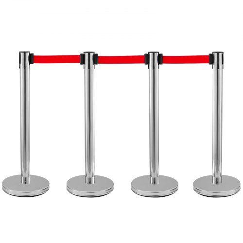 4 Poteaux Contrôle De Foule Avec Ceintures Rétractables Argent Et Rouge