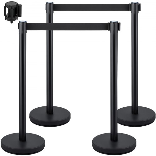 

VEVOR Poteau de Guidage, 4 Pcs Poteaux de Séparation Rétractable avec 2 m Ceinture Noire, File d'Attente Balisage en Acier Inoxydable, Barrière de Passage pour Aéroport Banque Contrôler des Foules