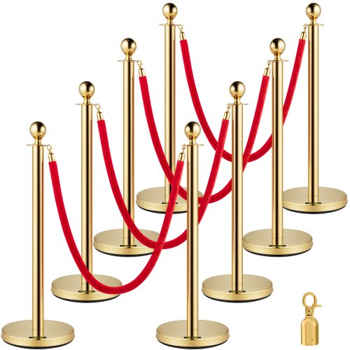 VEVOR Poteau de Guidage, 8 PCS Poteaux d'Or de Séparation avec 1,5 m 4 Cordes Velours Rouges, 90 cm