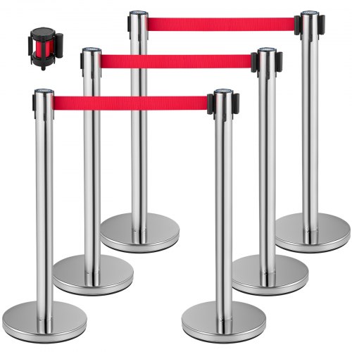 VEVOR Poteau de Guidage, 6 Pcs Poteaux d'argent de Séparation avec 2 m Ceinture Rouge Rétractable, Balisage Stable en Acier Inoxydable, Barrière de Passage pour Aéroport Banque Séparer des Foules