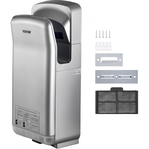 VEVOR Sèche-Mains Automatique 2000W Sèche Main Air Pulsé Électrique Commercial ABS Super Puissant Filtration HEPA 43°C Moteur à Balais Carbone pour Sécher Séchage Mains Toilettes 290x220x685 mm Argent