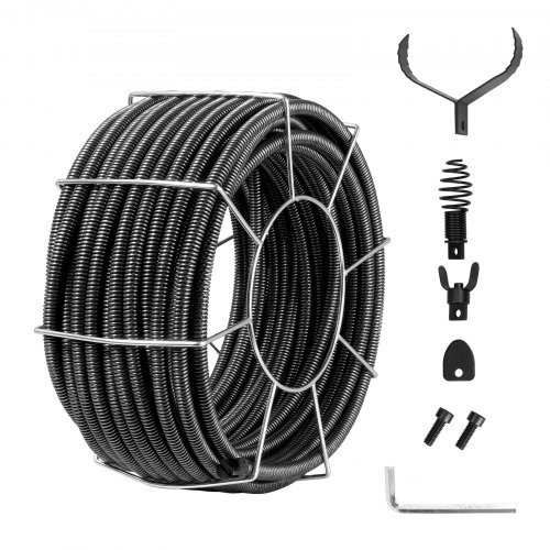 

VEVOR Câble de nettoyage de canalisations, 30 m x 19 mm, câble de tarière de vidange d'égout à noyau solide acier professionnel, 4 coupeurs pour tuyaux 100-200 mm pour évier, siphon de sol, toilettes