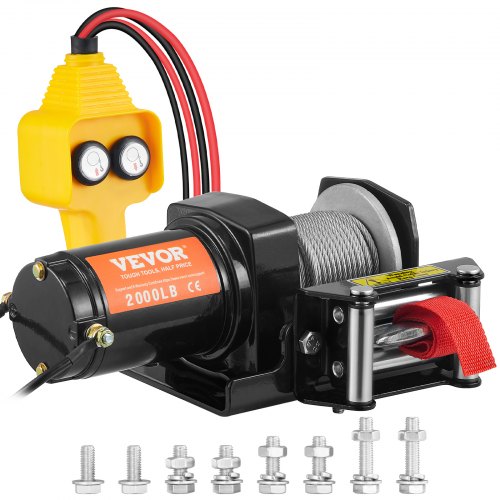 VEVOR Treuil Électrique 12 V 2000 lb 907 kg avec Télécommande Filaire 1,8 m Treuil à Câble en Acier