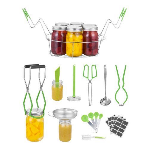

VEVOR Kit de démarrage pour mise en conserve, 9 pcs, kit mise en conserve au bain-marie en acier inox pour débutants, avec grille, louche, cuillère doseuse, entonnoir, pinces, lève-bocal, clé à bocal