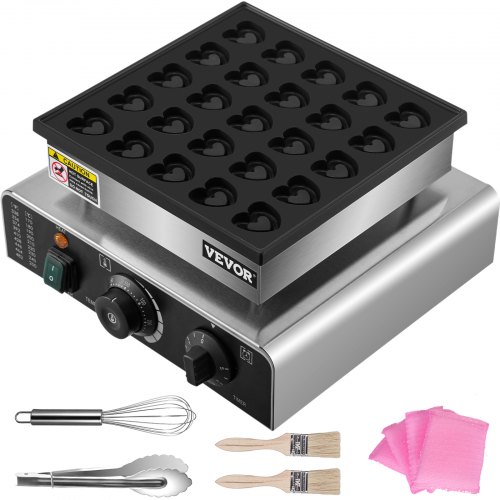 VEVOR Gaufrier Électrique 300 x 320 x 180 mm Machine à Gaufre 850 W Appareil à Croque en Forme de Cœur 2 Brosses 50~300 °C 25 PCS Contrôle de la Température pour Cuire des Crêpes Petites et Moelleuses