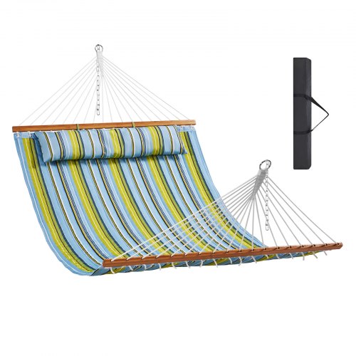 

VEVOR Hamac double en tissu matelassé, capacité 217 kg, hamac double 3,7 m barres d'écartement bois dur pour 2 personnes et oreiller amovible chaînes pour camping extérieur, patio, plage, rayure verte