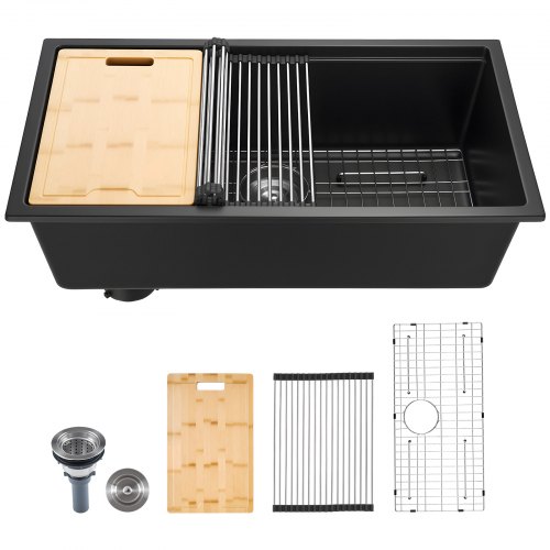 

VEVOR Évier de Cuisine Moderne en Granit de 83,8 cm, Évier sous Plan à Large Cuve Simple, Bac à Laver avec Accessoires Multiples, Nettoyage Facile, pour Camping-car, Maison, Bar, Restaurant, Noir