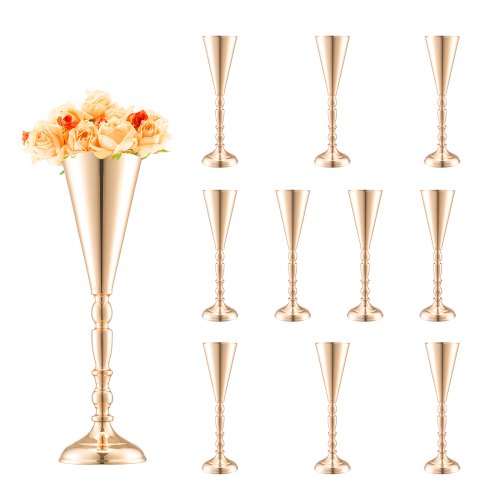 

VEVOR Vase de mariage, lot de 10, support de fleurs de mariage de 43 cm de haut, vase or en métal en forme de trompette pour centre de table, pour dîner, cérémonie, anniversaire, événement, décoration