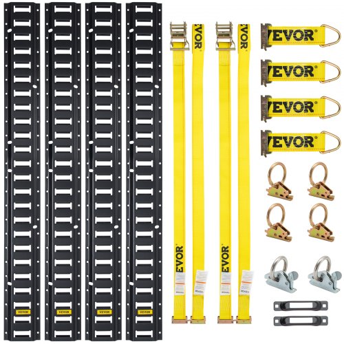 

VEVOR E-Track Kit d'Arrimage Kit de Rails d'Arrimage 18 Pièces 454 kg, 4 Rails E-Track 2 Ancres à Fente Unique 4 Attaches 2 Sangles à Cliquet 6 Joints Toriques pour Tous Camions Remorques Camionnette