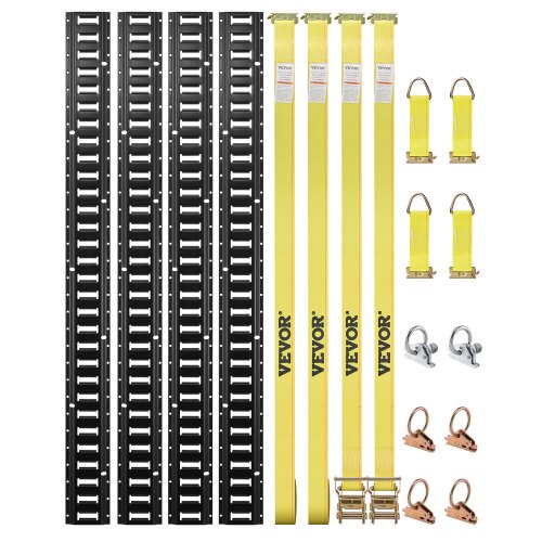 

VEVOR E-Track Kit d'Arrimage Kit de Rails d'Arrimage 18 Pièces 454 kg, 4 Rails E-Track 2 Ancres à Fente Unique 4 Attaches 2 Sangles à Cliquet 6 Joints Toriques pour Tous Camions Remorques Camionnette