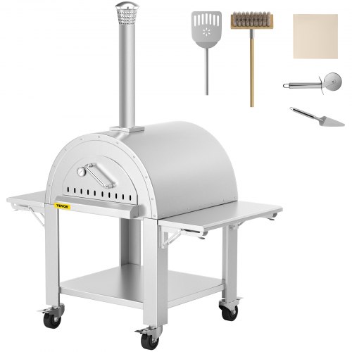 VEVOR Four à Pizza Extérieur en Inox Four à Pizza à Bois avec Pelle et Pierre à Pizza Four à Bois pour Pizza Zone de Cuisson 66x74x38 cm Mobile avec Roulettes Thermomètre Granulés Charbon pour Jardin