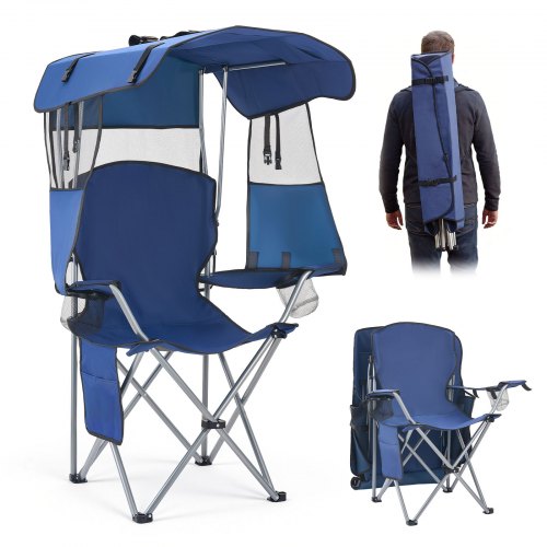 

VEVOR Chaise de Camping Pliante avec Auvent, Fauteuil Pliable Camping Charge Maximale 150 kg, pour Pique-nique Randonnée Pêche en Plein Air, avec Porte-gobelet et Pochette pour Magasines, Bleu Foncé