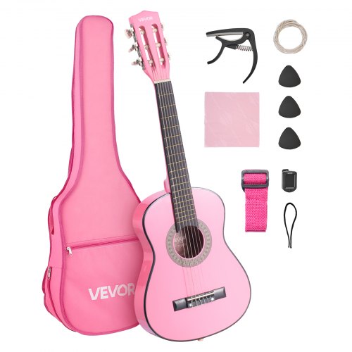 

VEVOR Guitare Classique Débutants, 78 cm, avec Cordes en Nylon, Housse de Transport, Sangle, Accordeur, Cordes Supplémentaires, Médiators, Capodastre, en Tilleul, pour Jeunes Enfants Musiciens, Rose