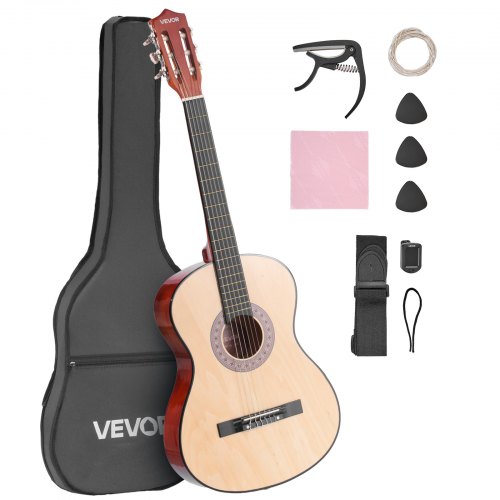 

VEVOR Guitare Classique Débutants, 96 cm, avec Cordes Nylon, Housse de Transport, Sangle, Accordeur, Cordes Supplémentaires, Médiators, Capodastre, en Tilleul, pour Jeunes Enfants Musiciens, Naturel