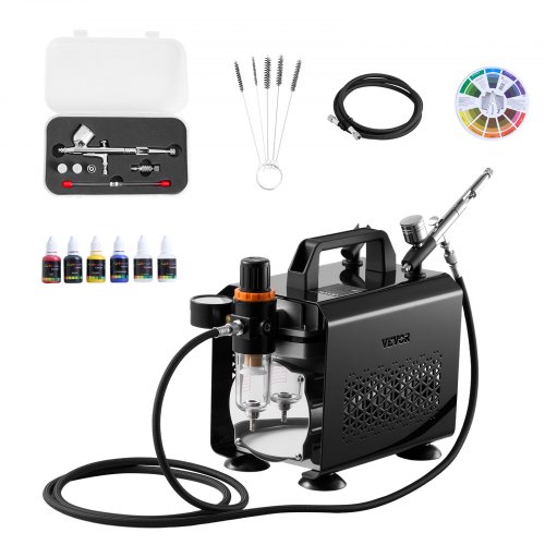 

VEVOR Kit Aérographe avec Compresseur d’Air 1/6 HP, Compresseur Aérographe avec 1 Pistolet à Double Action, 3 Buses, Tuyau, Peinture Acrylique et Pinceau, pour Décoration Pâtisserie Onglerie
