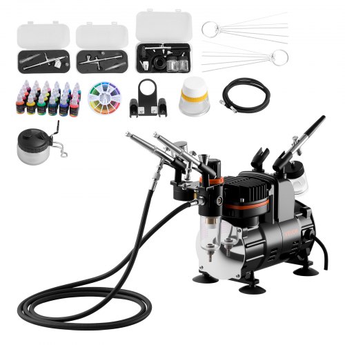 

VEVOR Kit Aérographe avec Compresseur d’Air 1/6 HP, Compresseur Aérographe avec 3 Pistolets à Double Action, 3 Buses, Tuyau, Peinture Acrylique et Pinceaux, Décoration Pâtisserie Onglerie Modélisme