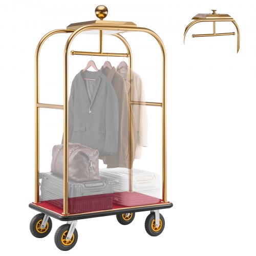 

VEVOR Chariot à Bagages d'Hôtel, Charge Max. 544,31 kg, Chariot Porte-Bagages avec Barre de Suspension pour Complexes Hôteliers, Cadre en Inox, Roues en Caoutchouc 203 mm, Plateau Moquetté Rouge, Or
