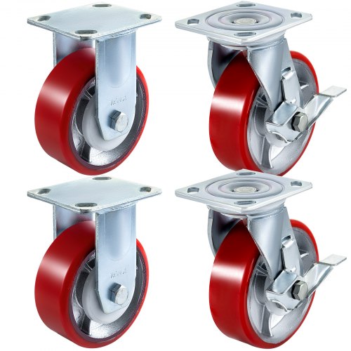 

VEVOR Lot de 4 roulettes pivotantes en polyuréthane 6" x 2" sur roue en acier avec frein (2) rigide (2)