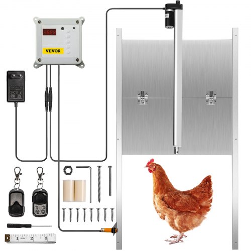 VEVOR Porte Poulailler Automatique 66W Kit Ouvre-Porte Poulailler Aluminium Allié ABS Minuterie Capteur Lumière Contrôleur Actionneur Linéaire 2 Télécommandes Adaptateur Secteur pour Volailles 30x30cm
