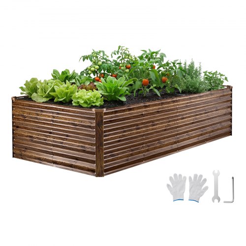 

VEVOR Potager Surélevé Métal 240x120x62 cm Carré Potager Surélevé Rectangulaire Lit de Jardin pour Culture Légumes Fleurs, Fond Ouvert, Galvanisé Aluminium-zinc, avec Gants, Aspect Grain Bois Foncé