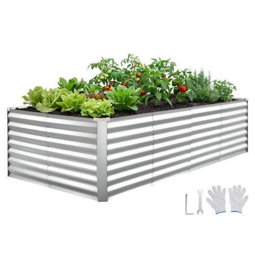 

VEVOR Potager Surélevé Métal 240x120x62 cm Carré Potager Surélevé Rectangulaire Lit de Jardin pour Extérieur Culture de Légumes et Fleurs, Fond Ouvert, Galvanisé Aluminium-zinc, avec Gants, Argenté