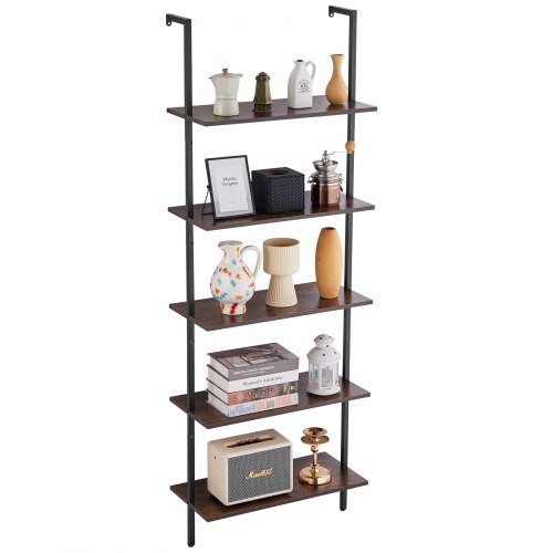 

VEVOR Étagère Échelle, Bibliothèque à 5 Niveaux 64 x 30 cm, Étagère Murale Ouverte avec Cadre Métallique, Support de Rangement pour Articles de Cuisine, Chambre à Coucher, Salle de Bain, Salon, Noir