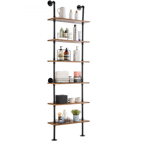 

VEVOR Étagère Murale Tuyau Industrielle, 6 Niveaux, Support Mural Flottant de Rangement en Bois Rustique, 61x25,5 cm, pour Articles Divers de Cuisine, Chambre à Coucher, Salle de Bain, Salon, Maison