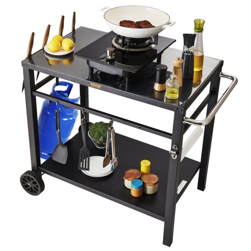 

VEVOR Desserte Plancha à 2 Niveaux Chariot de Barbecue avec Grand Plan de Travail Table de Barbecue sur Roulettes pour Four à Pizza Préparation de Cuisine BBQ Jardin Patio Extérieur 85 x 55 x 83,5 cm