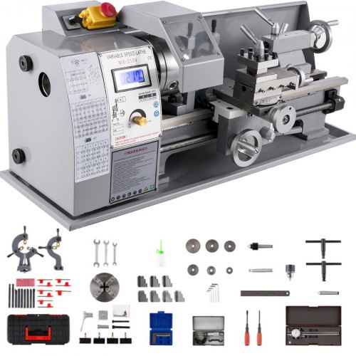 VEVOR Tour à Métaux 210mmx400mm Mini Tour à Bois Affichage Numérique Vitesse Variable 50-2250tr/min Kit Tour à Métal Réglable Électronique Fraises Mandrins Outils de Mesure pour Travaux de Précision