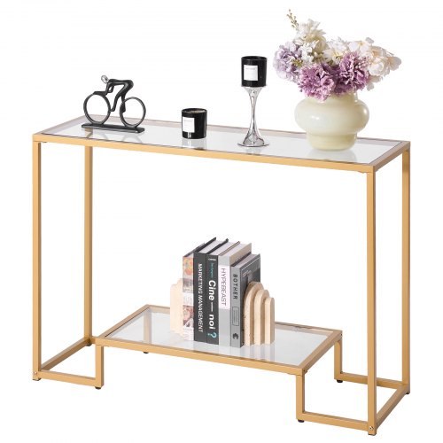 

VEVOR Table Console en Verre 2 Niveaux, Table d'Appoint Rectangulaire Moderne, Bout de Canapé avec Plateau en Verre Trempé, Pieds en Fer et Dispositif Anti-basculement, Entrée Salon Couloir, Dorée