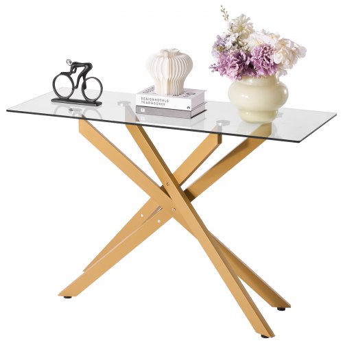 

VEVOR Table Basse en Verre, Bout de Canapé Rectangulaire Moderne avec Plateau en Verre Trempé et Pieds Croisés en Fer, Table d'Appoint avec Patins Antidérapants Réglables, Console Dorée Salon Entrée
