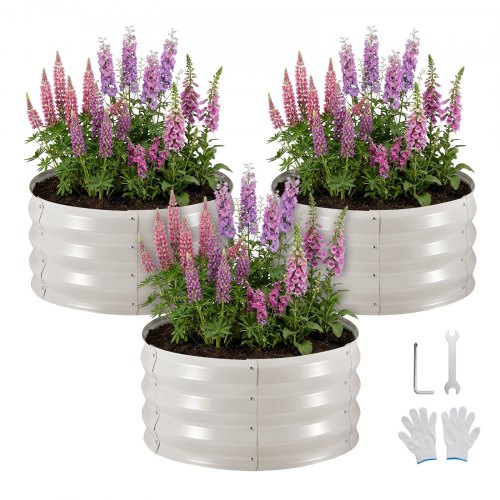 

VEVOR Potager Surélevé Métal 60x60x30 cm Carré Potager Surélevé Lot de 3 Lit de Jardin Rond pour Culture de Légumes Fleurs Herbes Aromatiques, Fond Ouvert, Galvanisé Aluminium-zinc, avec Gants, Beige