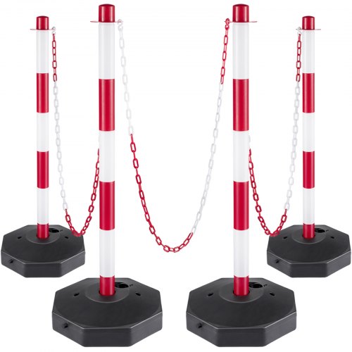 VEVOR Poteau de Signalisation Lot de 4Pcs Poteaux de Circulation Délimitation Plastique 84cm Hauteur Kit de Poteaux Balisage Rouge Blanc avec 1,4m Chaîne pour Parking Allée Terrain de Construction