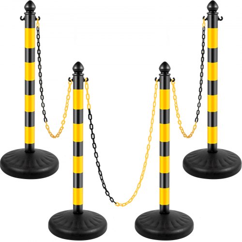 VEVOR Poteau de Signalisation Lot de 4Pcs Poteaux de Circulation Jaune Noir avec 4 Chaînes de 1m,Poteau de Séparation en Plastique 99 cm, Kit de Poteaux Balisage pour Garage Parking Allée Ascenseur