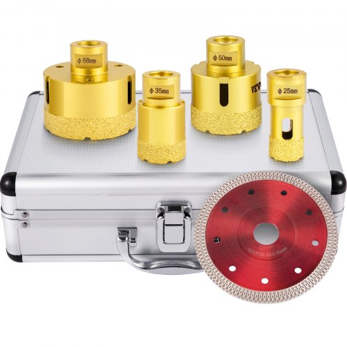 VEVOR Trépan Diamant Scie Cloche 25/35/50/68 mm, Foret Diamanté Brasé sous Vide, Ensemble de 4 Forets Cylindriques avec Coffret pour Porcelaine Carrelage Granit Marbre Meuleuse Forage à Sec/Humide