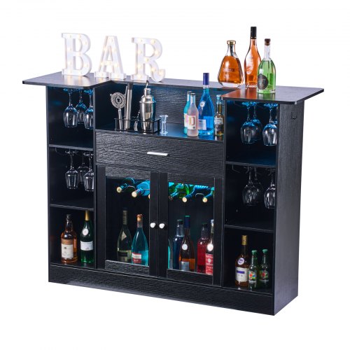 

VEVOR Meuble Bar 4 Niveaux, Bar de Salon en Bois et en Métal, pour Cuisine Salon Maison Pub Bistro, Buffet Cuisine avec Tiroir de Rangement, Porte-verres, Porte-bouteilles et Éclairage LED, Noir