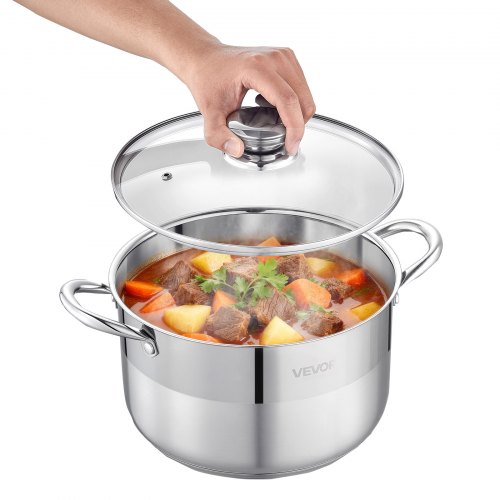 

VEVOR Marmite en Acier Inoxydable 7,6 L, Faitout Inox avec Couvercle en Verre, Compatible avec Cuisinière à Gaz et Électrique Plaque à Induction, Bouillons Pâtes Pot-au-Feu Traiteur, sans PFOA ni PFAS