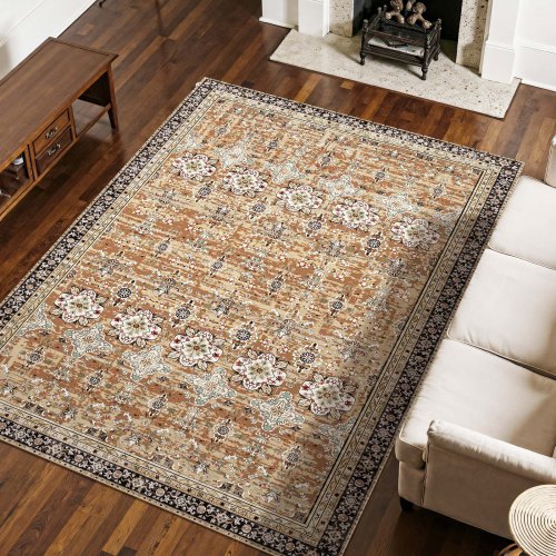 

VEVOR Tapis Salon, 2,3 x 2,9 m, Grand Tapis Chambre Lavable Antidérapant, Poils Courts Denses, Résistant aux Griffures Animaux, Doux et Confortable, Style Vintage, pour Bureau, Entrée, Marron et Vert