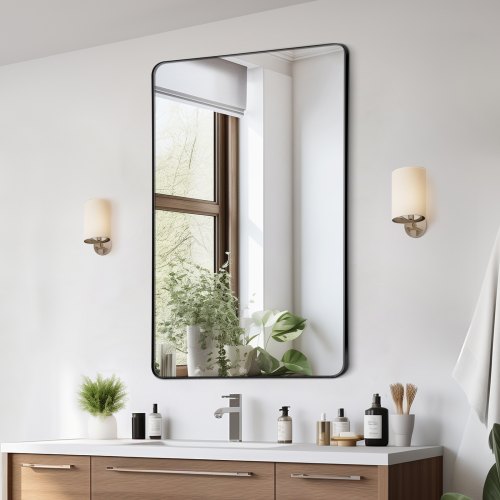 

VEVOR Miroir Mural 121,9x76,2 cm, Miroir de Maquillage avec Contours en Alliage d'Aluminium Noir et Film Antidéflagrant, Résistant aux Rayures avec Support en Forme de Z, Salle de Bain Chambre Salon