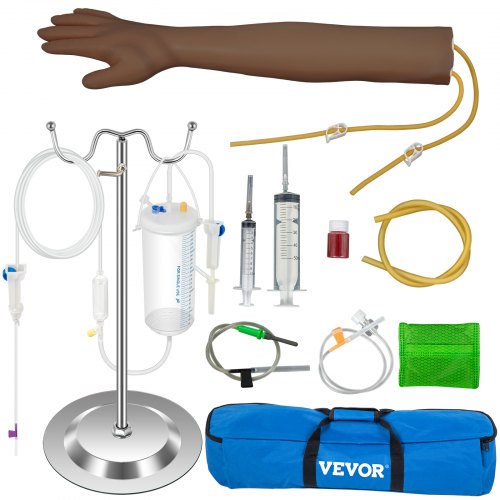 VEVOR Bras d'Entraînement pour Perfusion Intraveineuse, Adulte Peau Foncé en PVC Bras de Formation, Haute Simulation Bras de Pratique de Ponction Veineuse, Kit Complet Modèle Prise de Sang Labo École