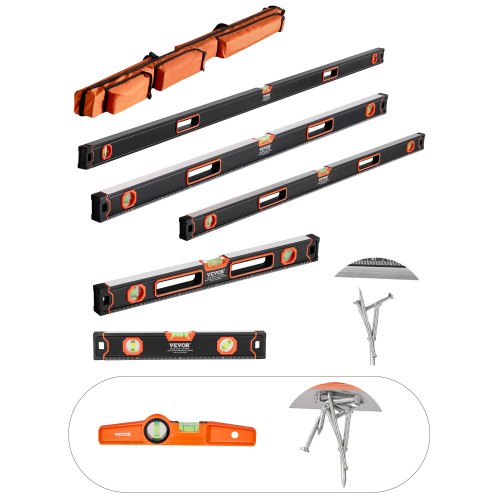 

VEVOR Niveau à Torpille 6PCS, 78/48/32/24/16/10 po, Flacons à Bulles, Mesure à 45/90/180°, Outil de Nivellement en Alliage d'Aluminium, Résistance aux Chocs, Mesure SAE et Métrique, 10 po avec Aimant