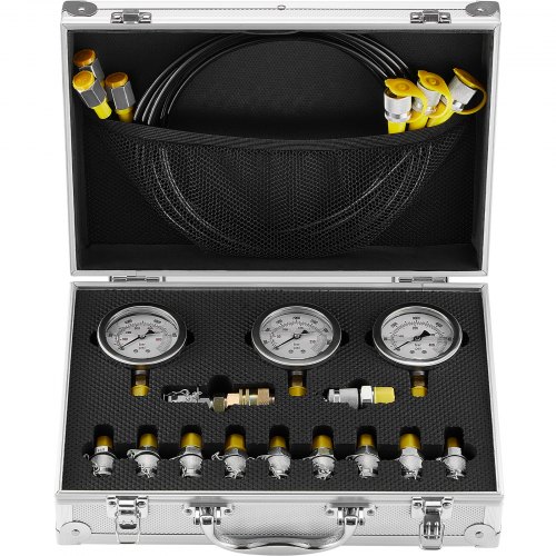 

VEVOR Kit de Test de Pressio1 Hydraulique, 250/400/600 bars, 3 Manomètres, 11 Raccords, 3 Tuyaux de Test, Jauge de Test Hydraulique pour Excavatrice avec Étui de Transport pour Machine de Construction