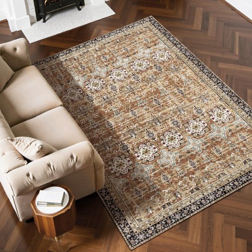 

VEVOR Tapis Salon, 1,8 x 2,7 m, Grand Tapis Chambre Lavable et Antidérapant, Poils Courts et Denses, Résistant aux Griffures Animaux, Doux, Style Vintage, pour Chambre, Bureau, Entrée, Marron et Vert