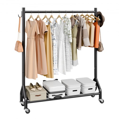 

VEVOR Portant à vêtements avec roulettes, porte-manteau robuste en acier carbone avec barre de suspension et crochets latéraux, charge de 90 kg, penderie à vêtements pour chambre, buanderie, salon