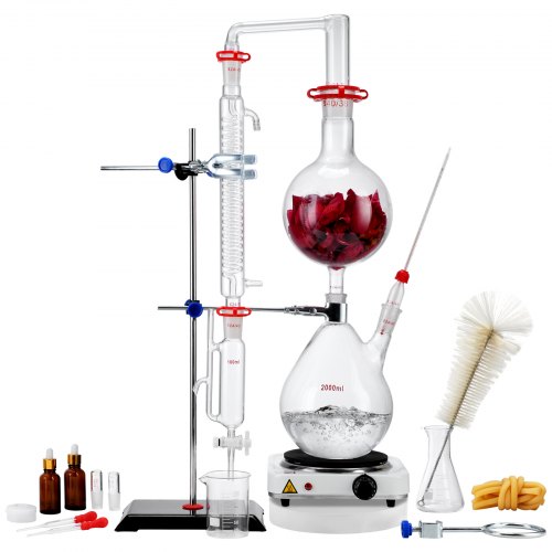 

VEVOR Kit de Distillation d'Huile Essentielle 28PCs, Appareil de Distillation de 2000 mL, Kit de Distillation de Verrerie de Laboratoire Boro 3,3 avec Plaque Chauffante de 1000 W et Joint 24/40 Labo